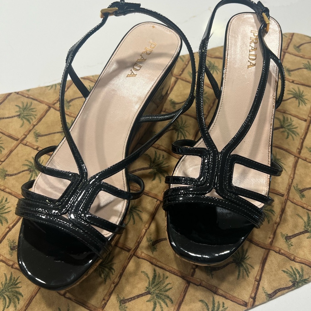 Prada Glossy Black Strappy Heels